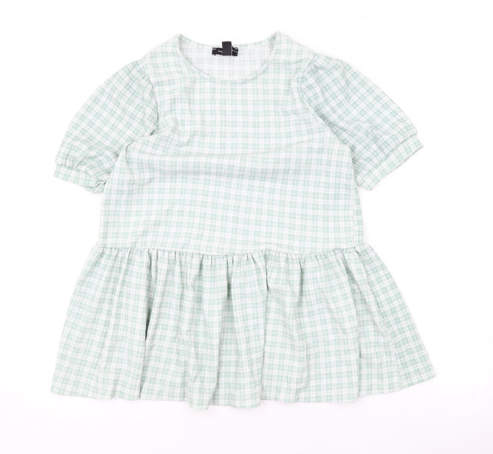 New Look Womens Green Check Polyester Basic Blouse Size 10 Round Neck