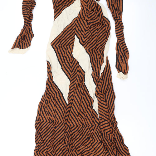 Zara Womens Brown Geometric Viscose Maxi Size XS Scoop Neck Zip