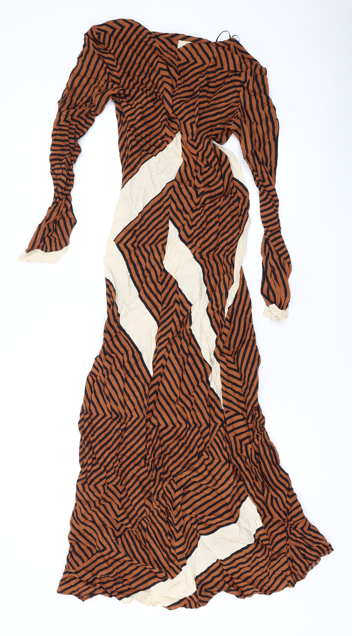 Zara Womens Brown Geometric Viscose Maxi Size XS Scoop Neck Zip