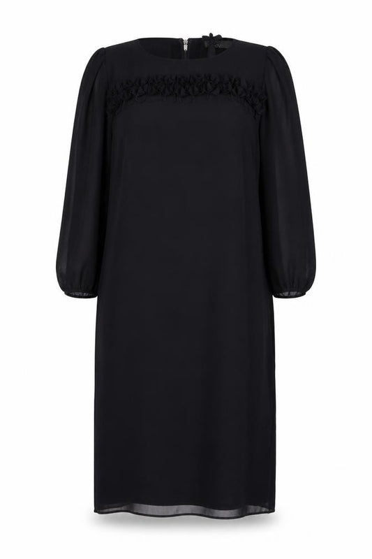 Front view of Marks & Spencer women’s black polyester a-line, size UK 12, round neck zip