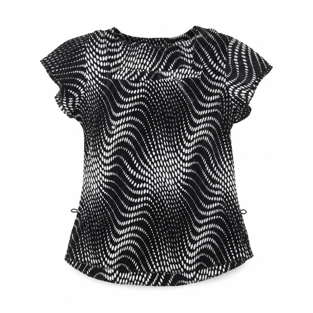 Front view of Alexara women’s black geometric polyester basic t-shirt, size UK 16, scoop neck
