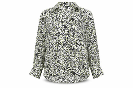 Front view of Zara women’s yellow animal print polyester basic blouse, size S, v-neck