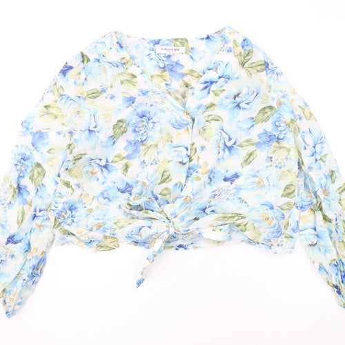 Forever New Womens Blue Floral Polyester Cropped Button-Up Size 12 V-Neck