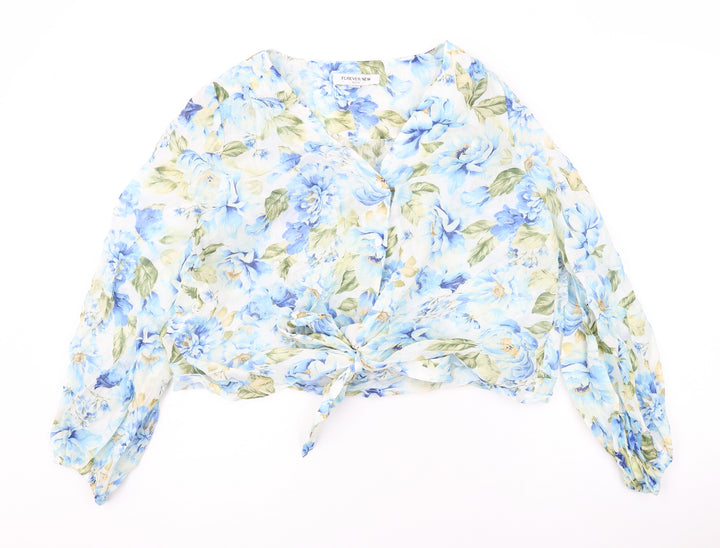 Forever New Womens Blue Floral Polyester Cropped Button-Up Size 12 V-Neck