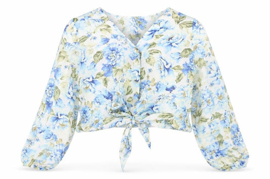 Front view of Forever New women’s blue floral polyester cropped button-up, size UK 12, v-neck