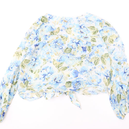 Forever New Womens Blue Floral Polyester Cropped Button-Up Size 12 V-Neck