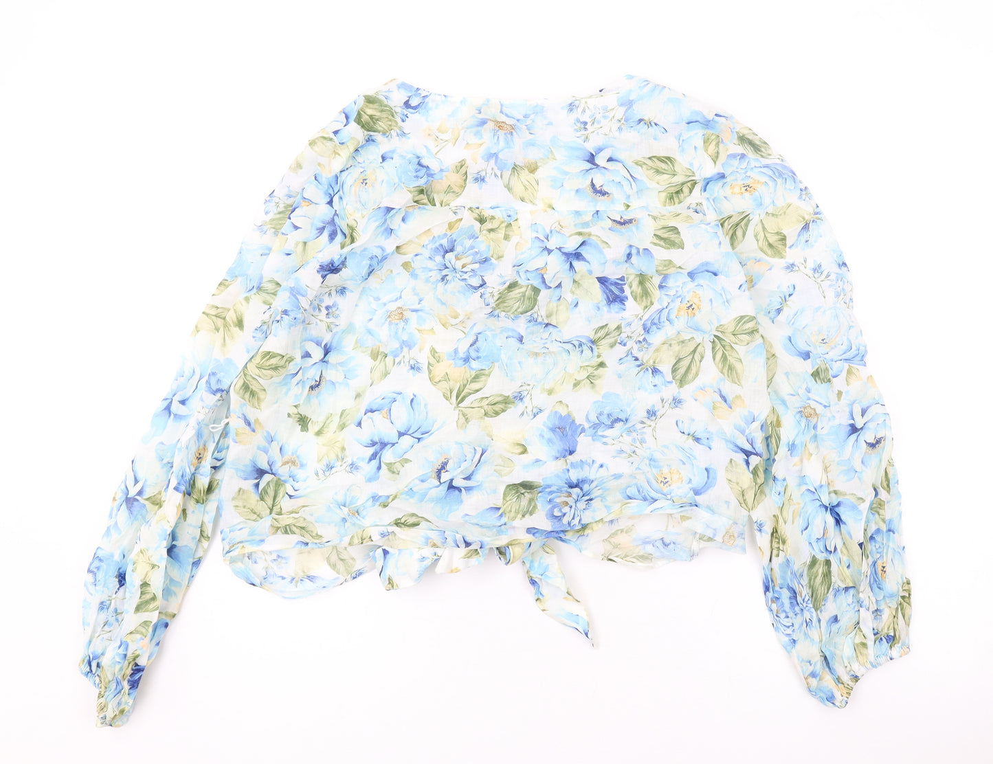 Forever New Womens Blue Floral Polyester Cropped Button-Up Size 12 V-Neck