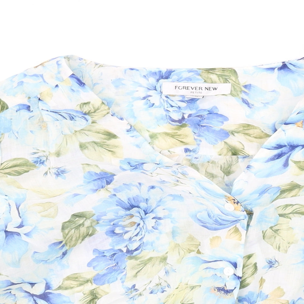 Forever New Womens Blue Floral Polyester Cropped Button-Up Size 12 V-Neck