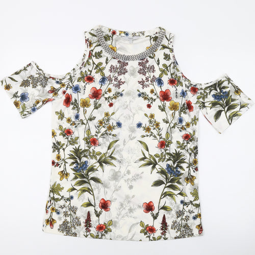 NEXT Womens White Floral Polyester Basic Blouse Size 8 Round Neck