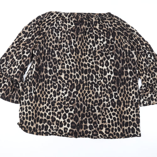 Michael Kors Womens Brown Animal Print Cotton Basic Blouse Size M Round Neck