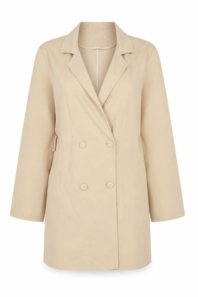 Front view of Boohoo women’s beige polyester jacket dress, size UK 16, collared button