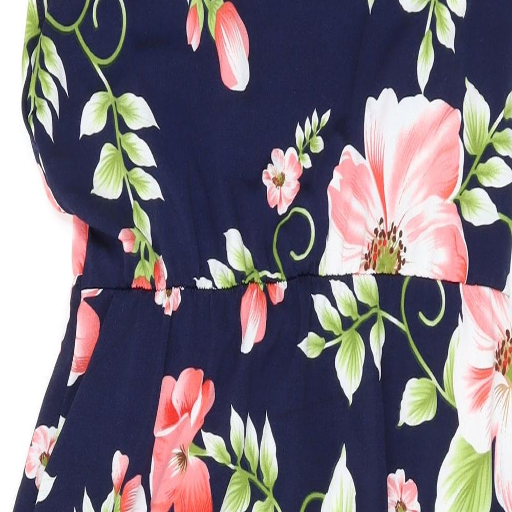 Mela London Womens Blue Floral Polyester A-Line Size 12 V-Neck Pullover