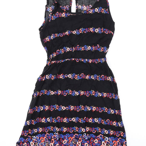 Internacionale Womens Black Floral Viscose A-Line Size 8 Round Neck Button