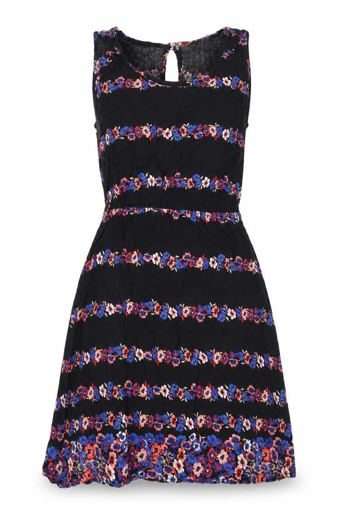 Internacionale Womens Black Floral Viscose A-Line Size 8 Round Neck Button