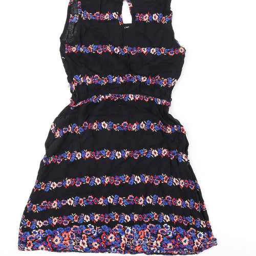 Internacionale Womens Black Floral Viscose A-Line Size 8 Round Neck Button