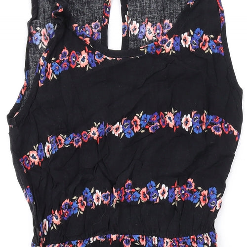 Internacionale Womens Black Floral Viscose A-Line Size 8 Round Neck Button