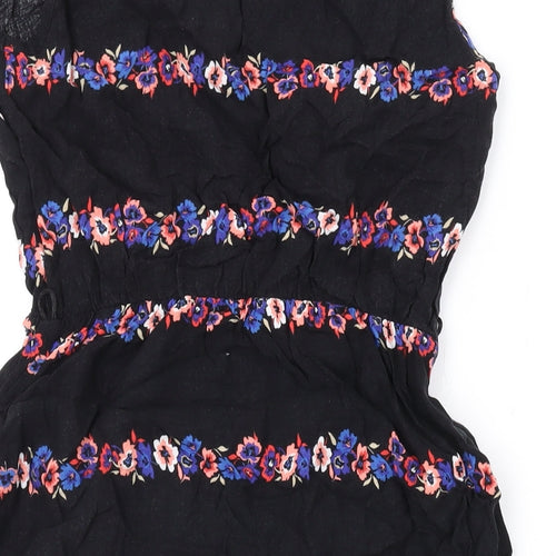 Internacionale Womens Black Floral Viscose A-Line Size 8 Round Neck Button