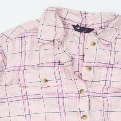 Marks and Spencer Womens Pink Plaid Viscose Basic Button-Up Size 8 Collared