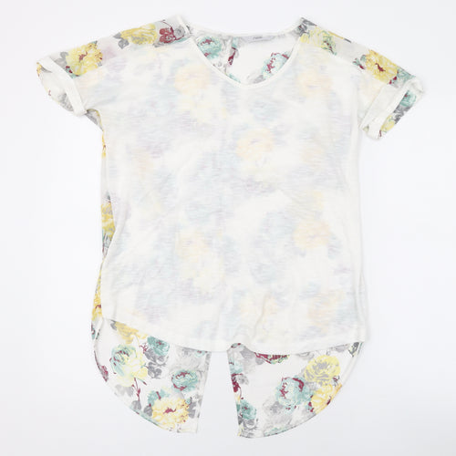 NEXT Womens White Floral Polyester Basic T-Shirt Size 8 V-Neck