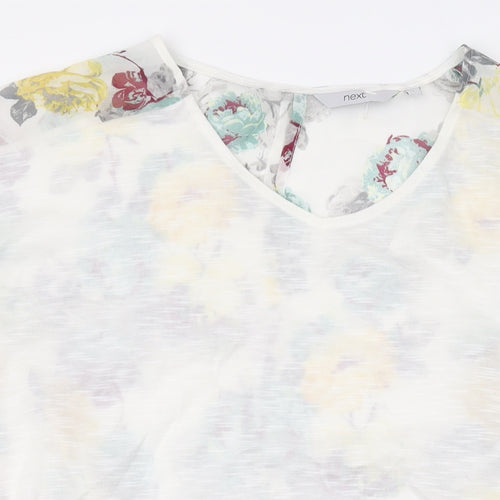 NEXT Womens White Floral Polyester Basic T-Shirt Size 8 V-Neck