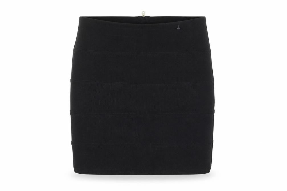 Front view of Kikka women’s black polyester mini skirt, size UK 8, zip