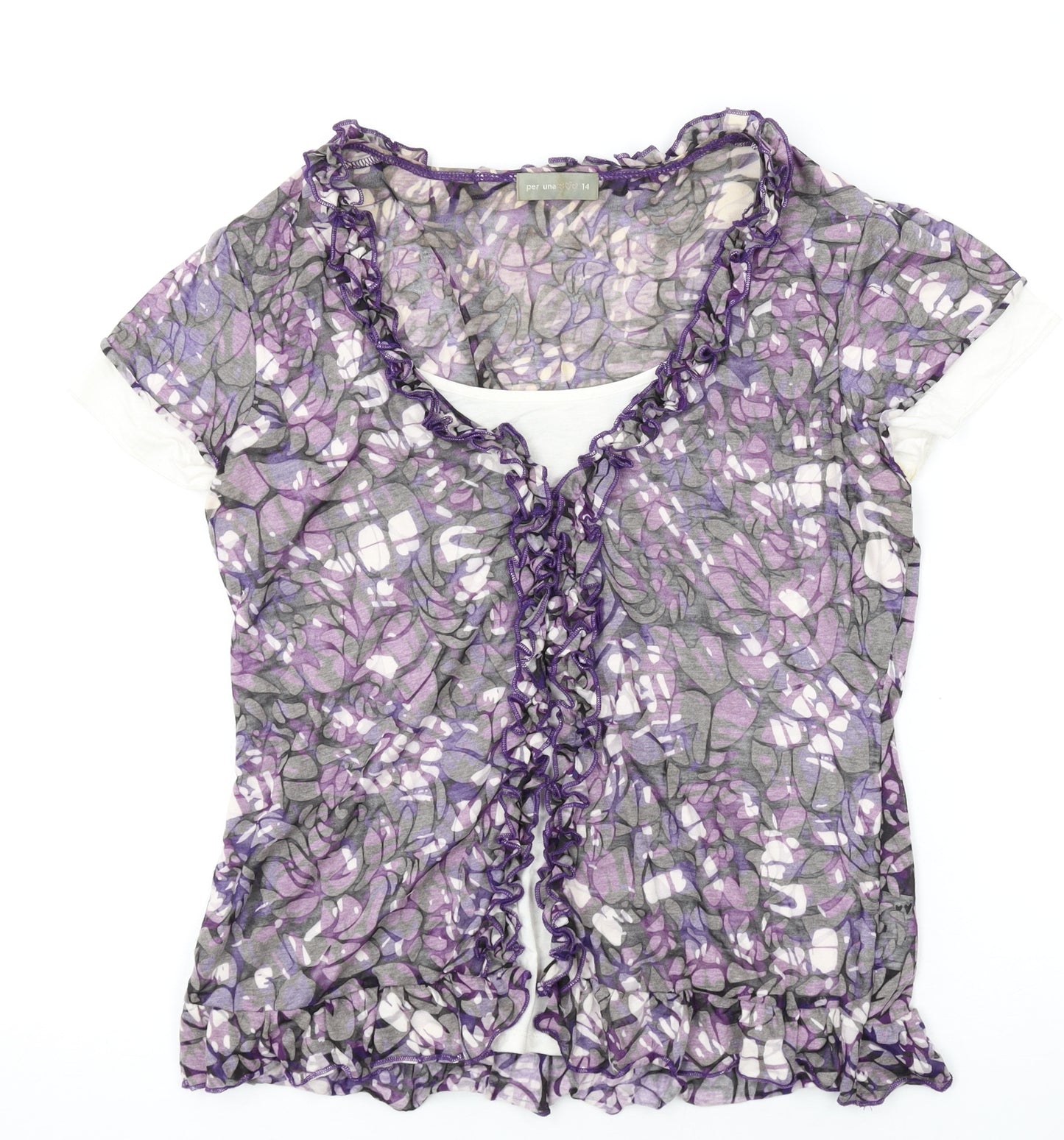 Per Una Womens Purple Geometric Cotton Basic T-Shirt Size 14 V-Neck