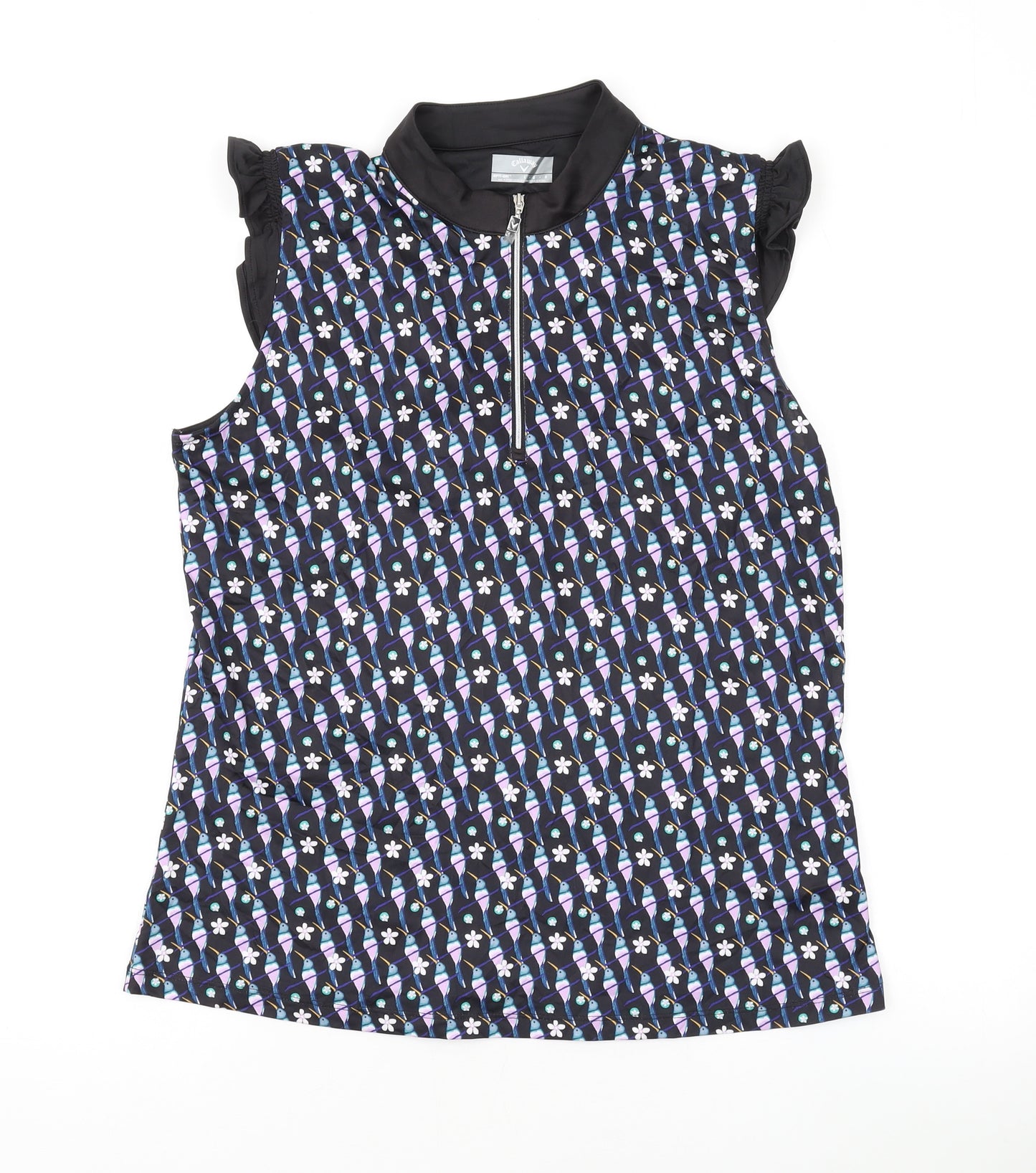 Callaway Womens Black Geometric Polyester Basic Tank Size L V-Neck Zip - Golf