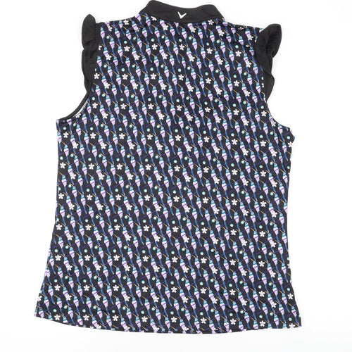 Callaway Womens Black Geometric Polyester Basic Tank Size L V-Neck Zip - Golf