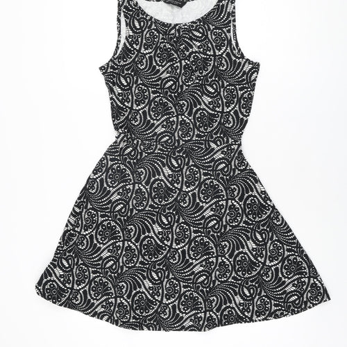 Dorothy Perkins Womens Black Geometric Cotton Skater Dress Size 8 Round Neck Pullover