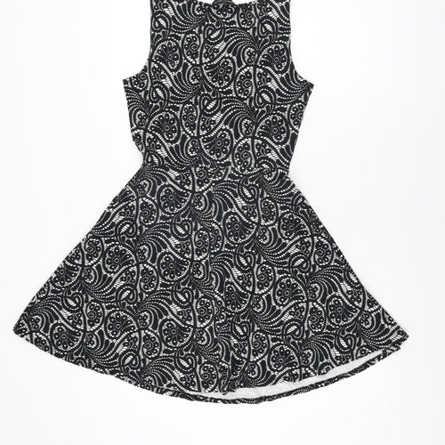 Dorothy Perkins Womens Black Geometric Cotton Skater Dress Size 8 Round Neck Pullover