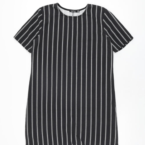 Boohoo Womens Black Striped Polyester Shift Size 12 Round Neck Pullover