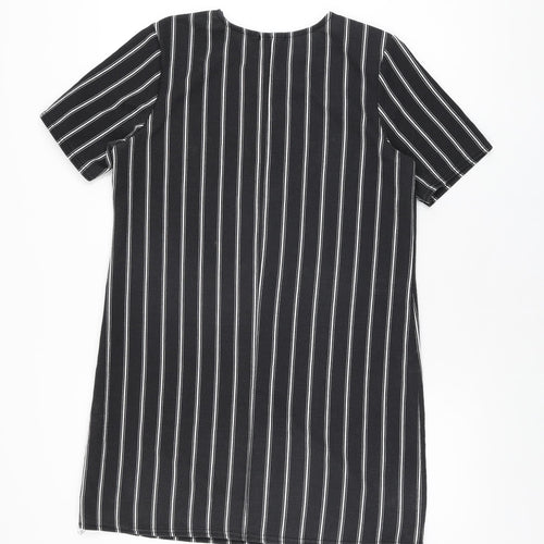 Boohoo Womens Black Striped Polyester Shift Size 12 Round Neck Pullover