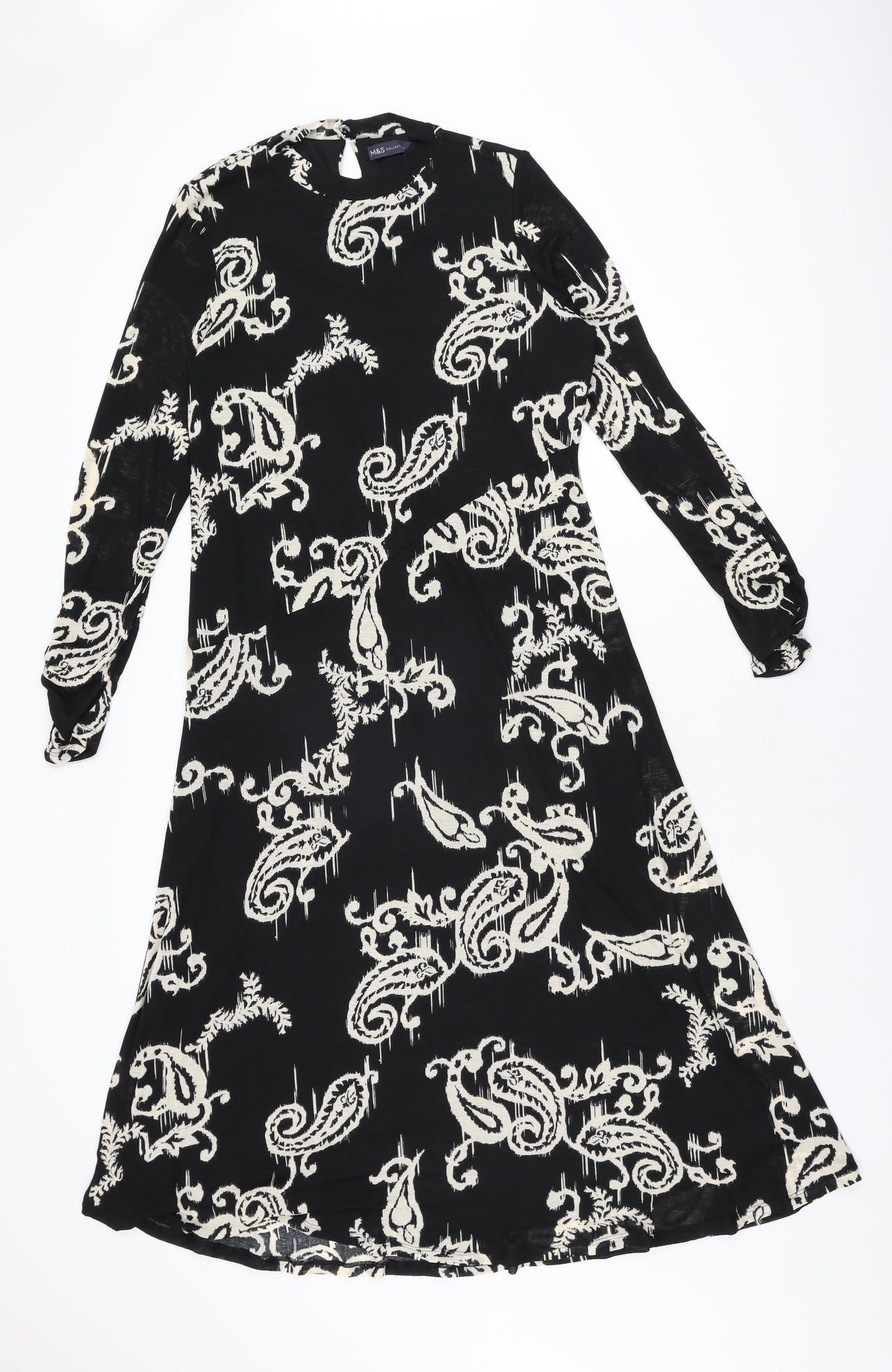 Marks and Spencer Womens Black Geometric Polyester A-Line Size 14 Round Neck Button