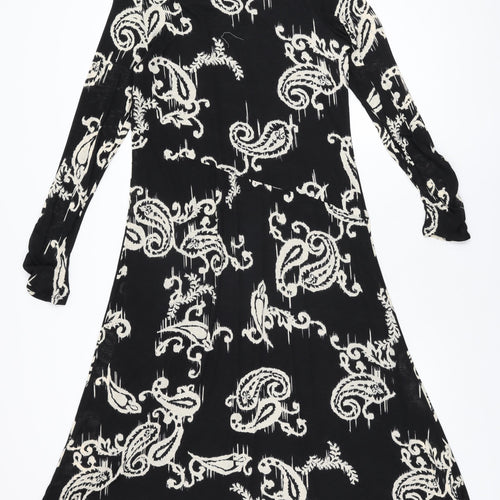 Marks and Spencer Womens Black Geometric Polyester A-Line Size 14 Round Neck Button
