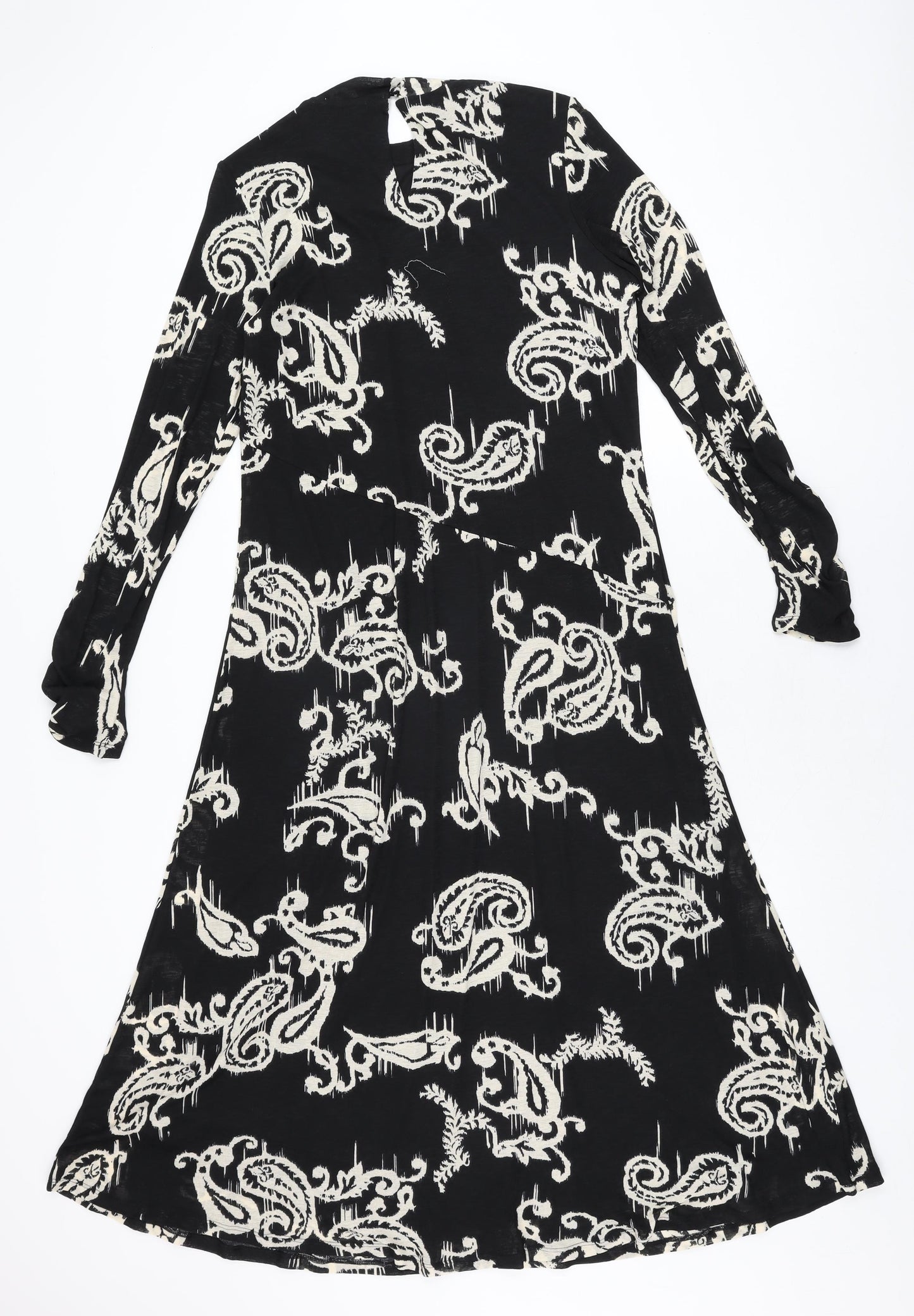 Marks and Spencer Womens Black Geometric Polyester A-Line Size 14 Round Neck Button