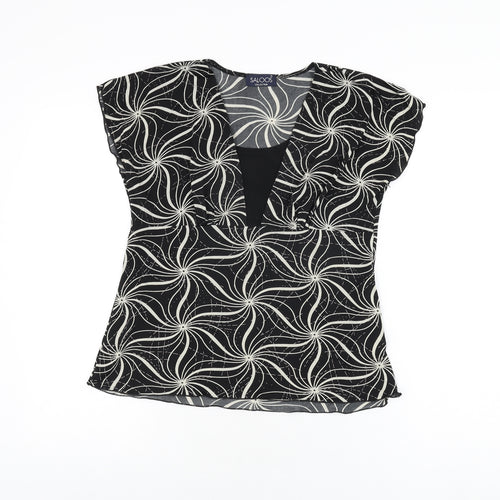 Saloos Womens Black Geometric Polyester Basic T-Shirt Size S V-Neck