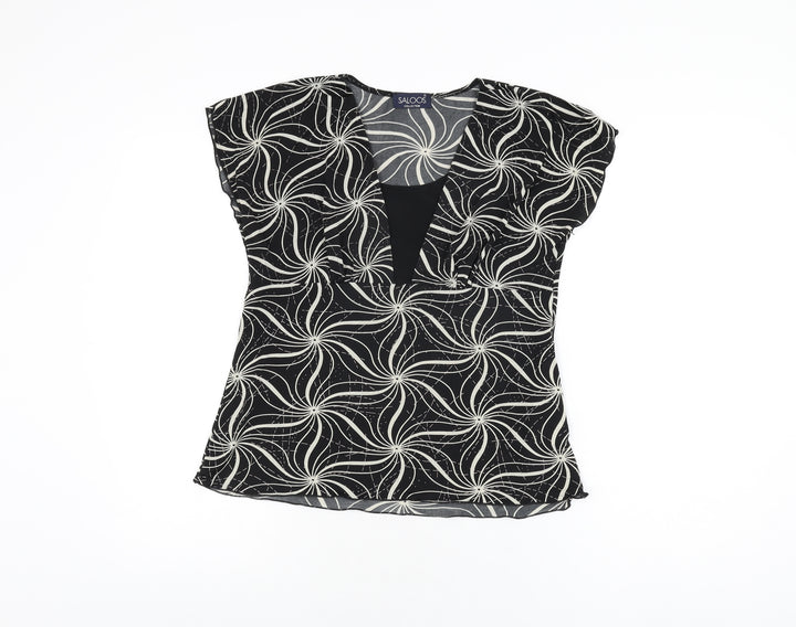 Saloos Womens Black Geometric Polyester Basic T-Shirt Size S V-Neck