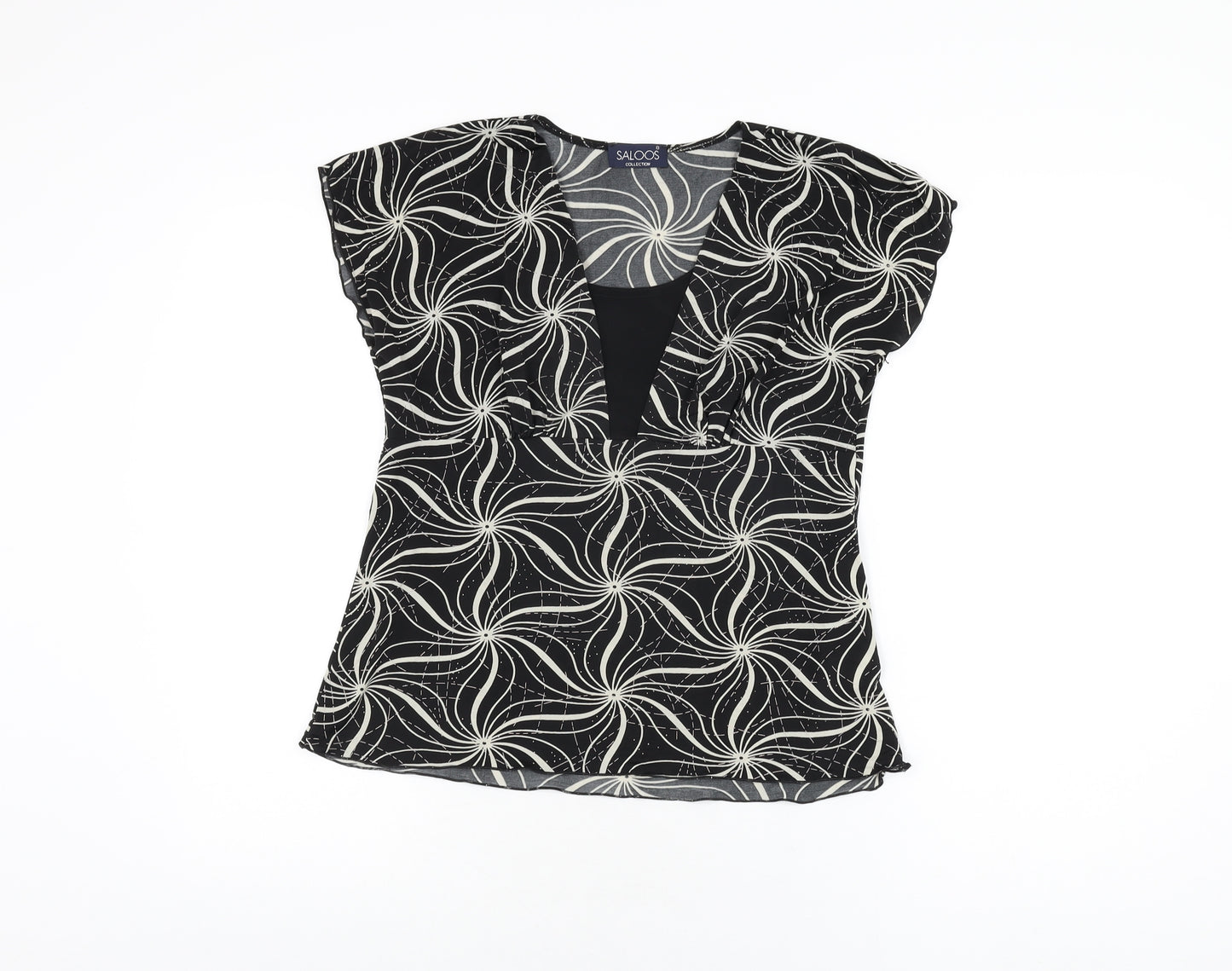 Saloos Womens Black Geometric Polyester Basic T-Shirt Size S V-Neck