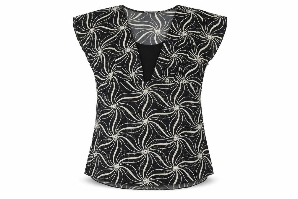 Front view of Saloos women’s black geometric polyester basic t-shirt, size S, v-neck