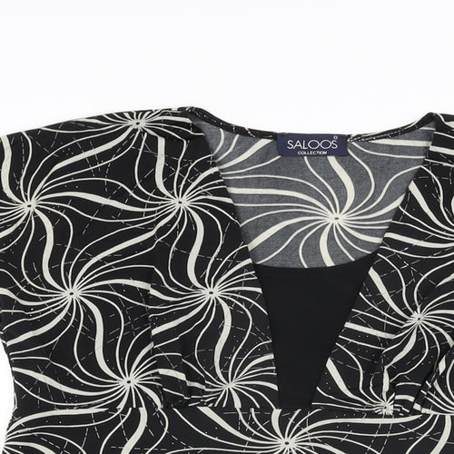 Saloos Womens Black Geometric Polyester Basic T-Shirt Size S V-Neck