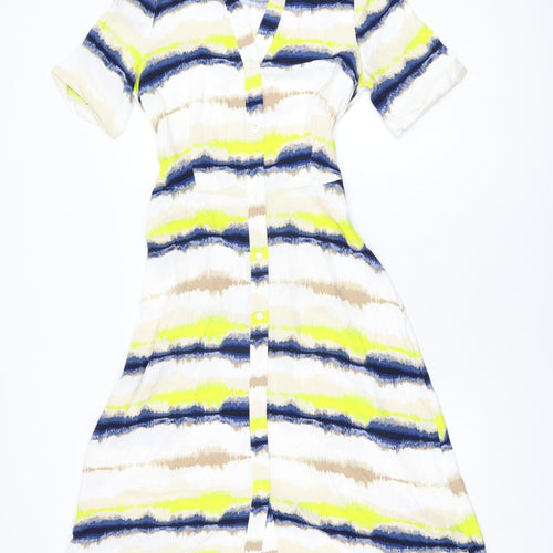 Marks and Spencer Womens White Geometric Viscose A-Line Size 8 Collared Button