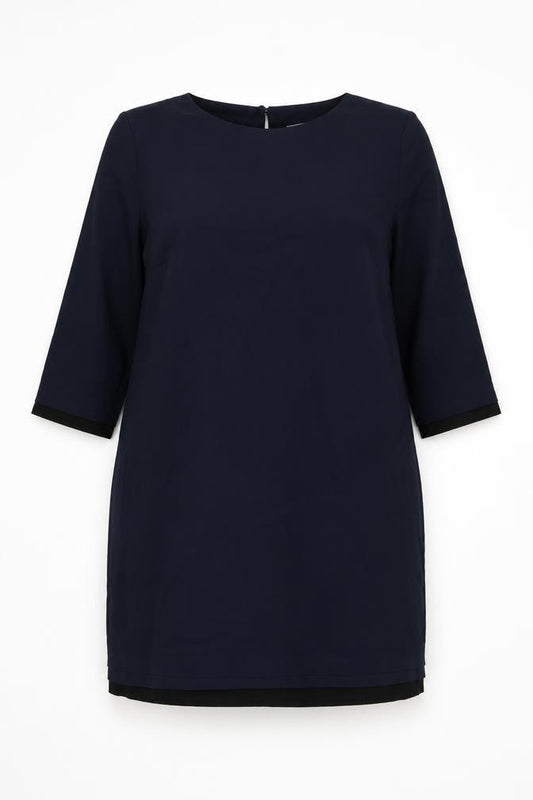 Front view of Betty Jackson Black women’s blue polyester shift, size UK 18, round neck button
