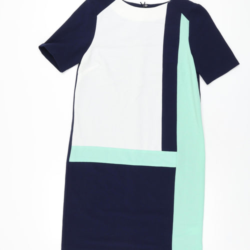 Marks and Spencer Womens Blue Geometric Polyester Shift Size 8 Round Neck Zip