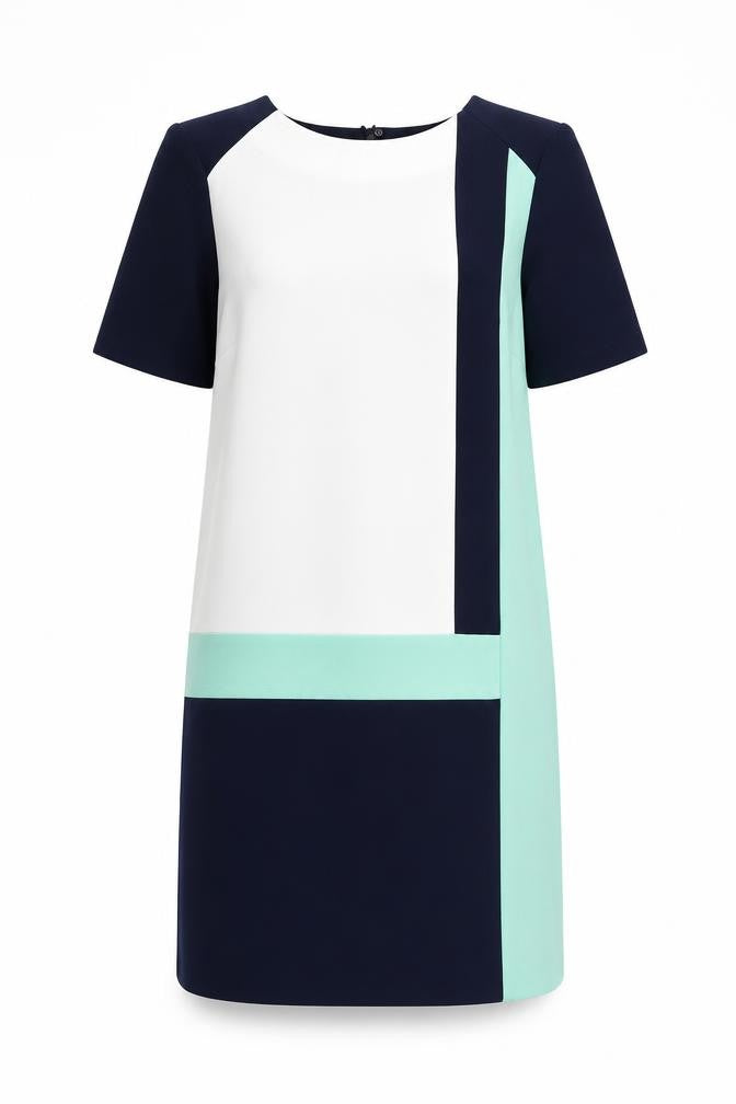 Front view of Marks & Spencer women’s blue geometric polyester shift, size UK 8, round neck zip