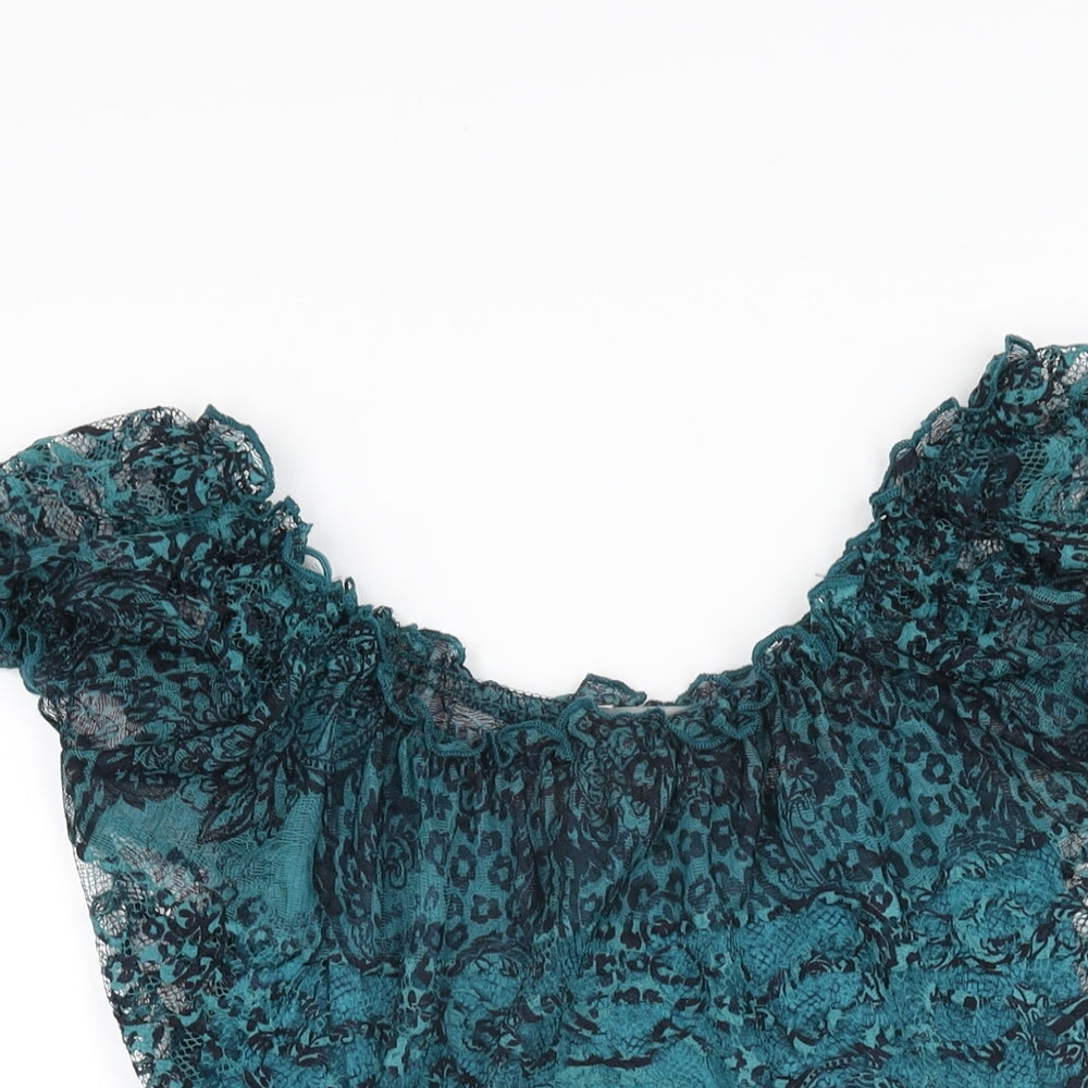 Per Una Womens Blue Geometric Viscose Basic T-Shirt Size 12 Scoop Neck