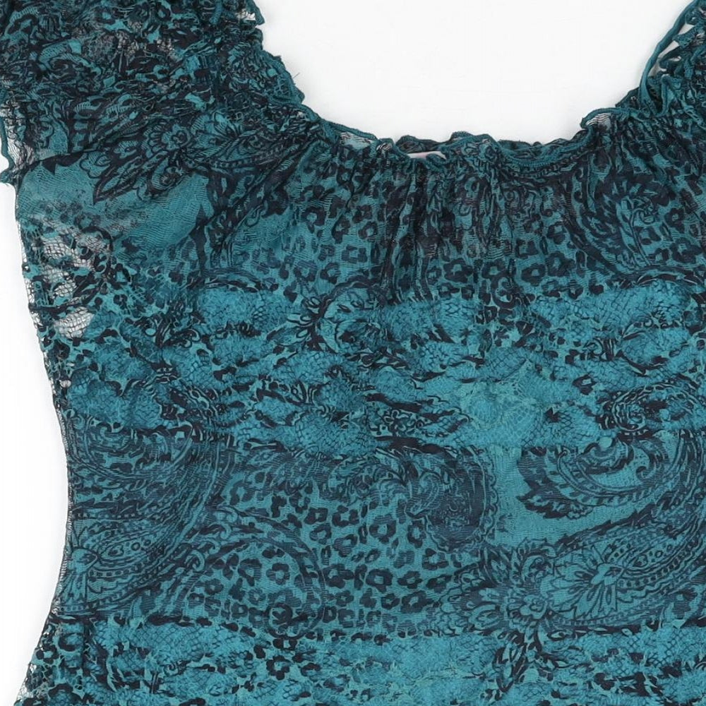 Per Una Womens Blue Geometric Viscose Basic T-Shirt Size 12 Scoop Neck