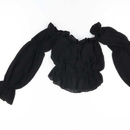 PRETTYLITTLETHING Womens Black Polyester Cropped Blouse Size 6 Off the Shoulder