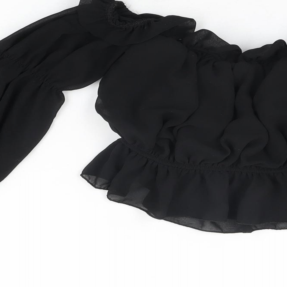 PRETTYLITTLETHING Womens Black Polyester Cropped Blouse Size 6 Off the Shoulder