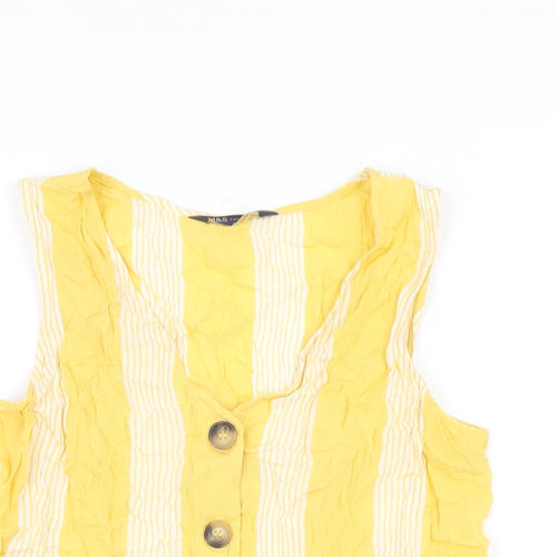 Marks and Spencer Womens Yellow Striped Viscose Basic T-Shirt Size 10 V-Neck