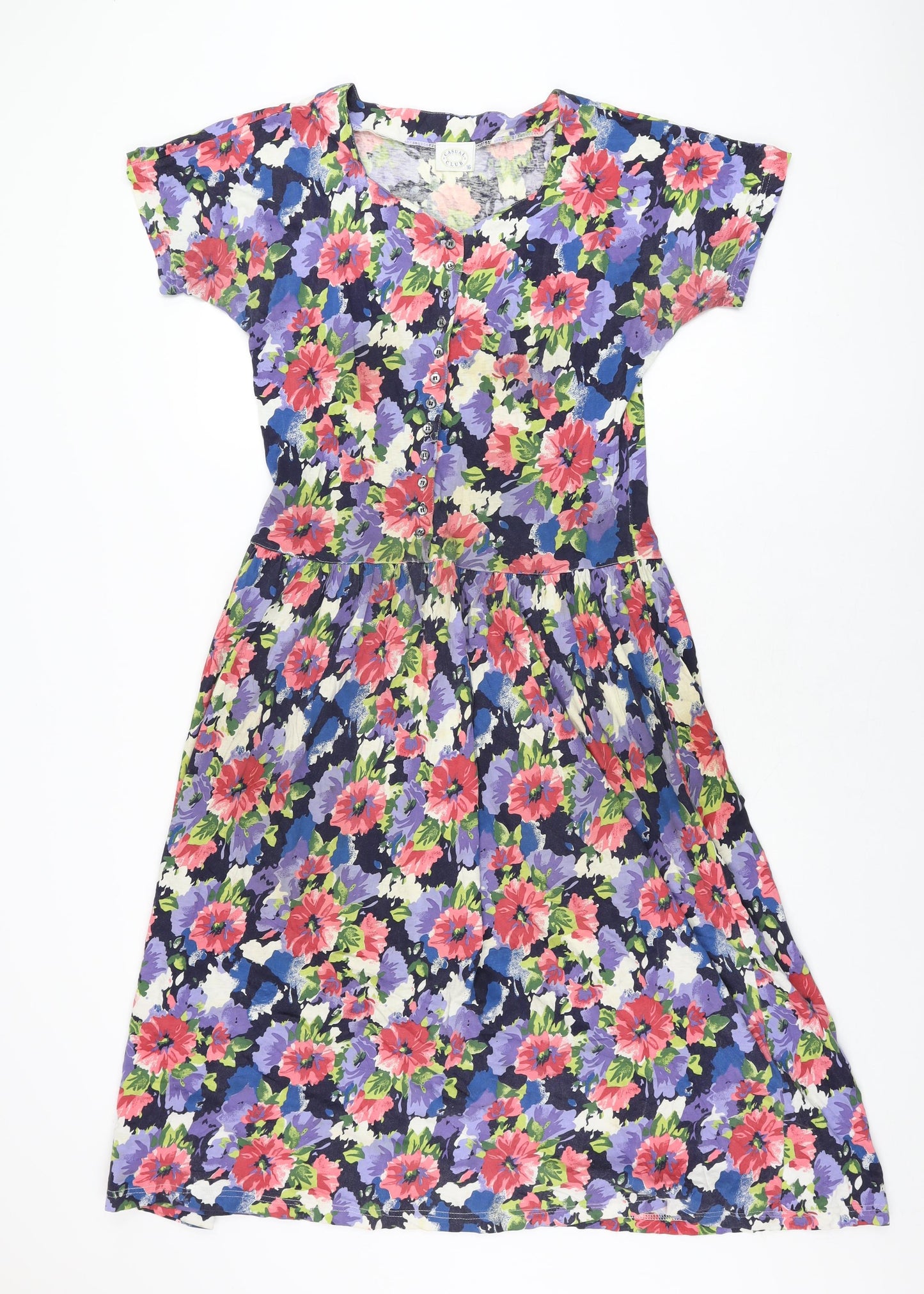 Casual Club Womens Multicoloured Floral Cotton A-Line Size 16 V-Neck Button